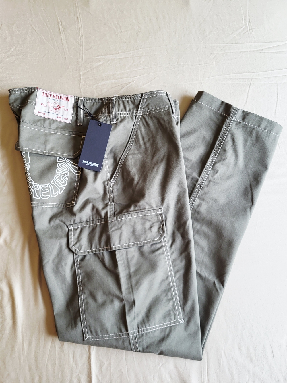 True Religion Cargo Pants Mens Size 36 Kalamata Olive Green Outline Horseshoe - Picture 8 of 12